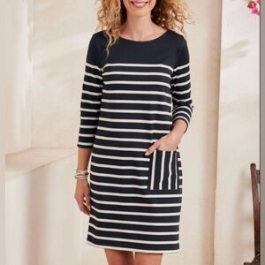 Garnet Hill Bijou Vintage Knit Knee Length Dress Navy White Striped Nautical L